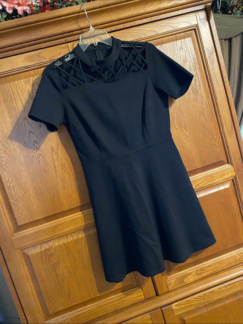 Boston Proper Black Short-Sleeve Mini Dress with Lattice Yoke